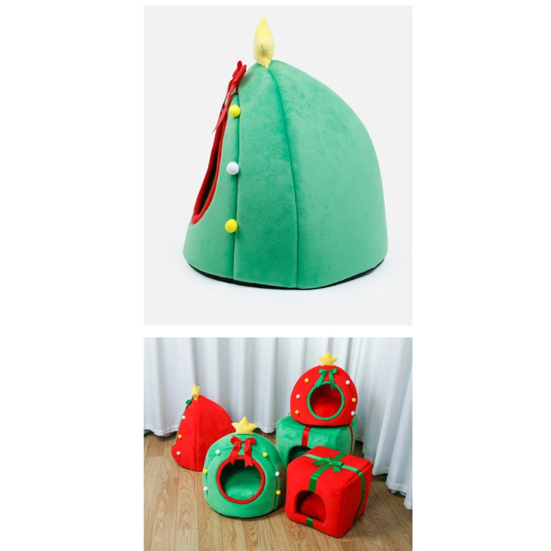 Christmas Tree Cat Bed with Gift Box Design
