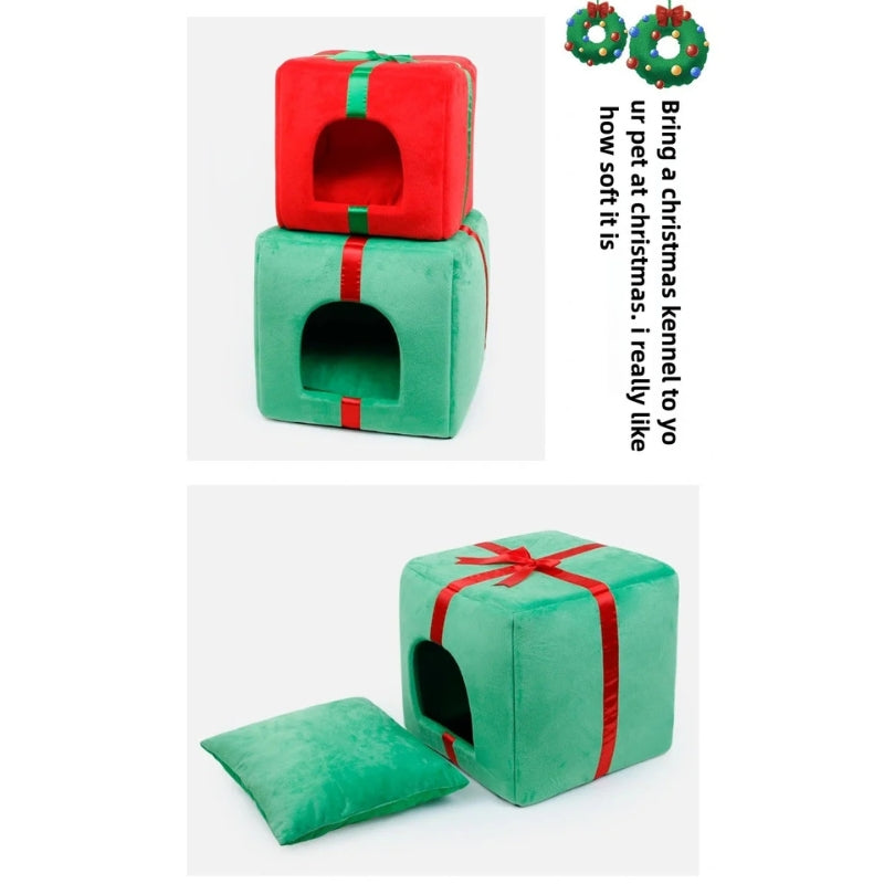 Christmas Tree Cat Bed with Gift Box Design
