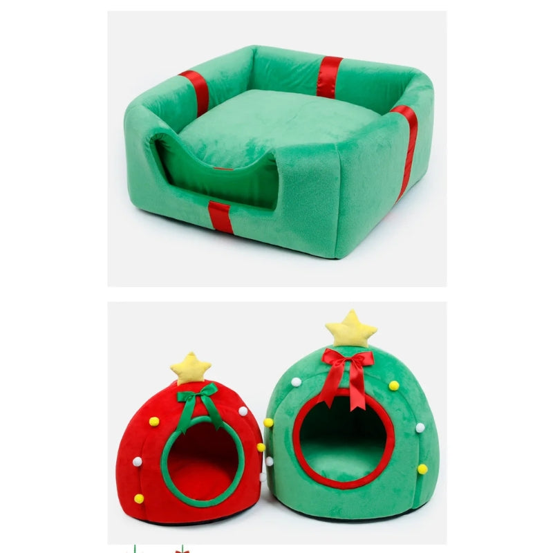 Christmas Tree Cat Bed with Gift Box Design