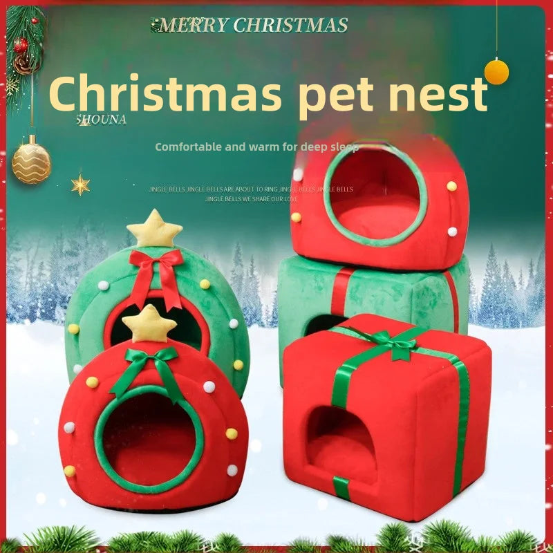 Christmas Tree Cat Bed with Gift Box Design