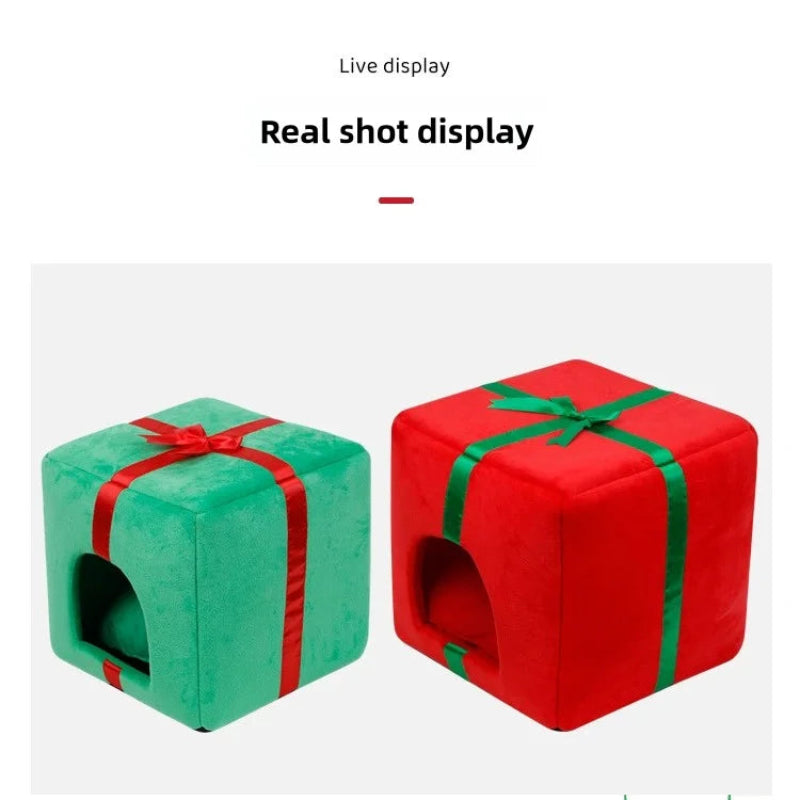 Christmas Tree Cat Bed with Gift Box Design