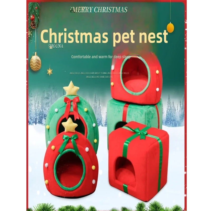 Christmas Tree Cat Bed with Gift Box Design