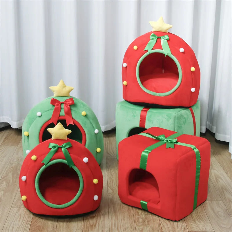 Christmas Tree Cat Bed with Gift Box Design