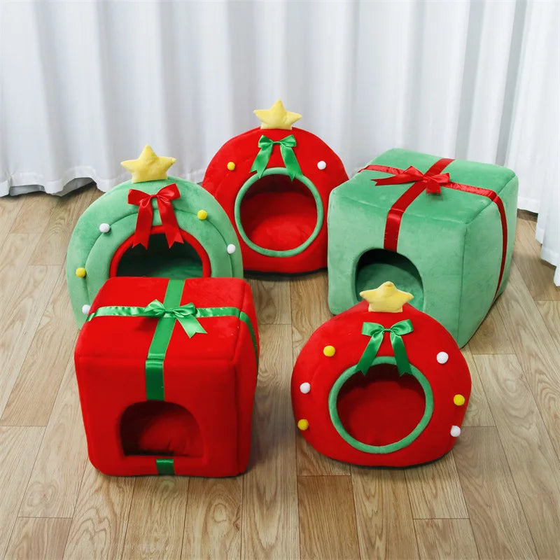 Christmas Tree Cat Bed with Gift Box Design