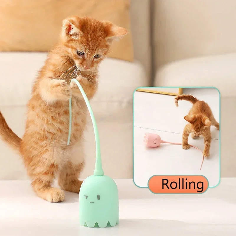 USB Rolling Interactive Cat Ball with Mouse Tail & Teaser Stick