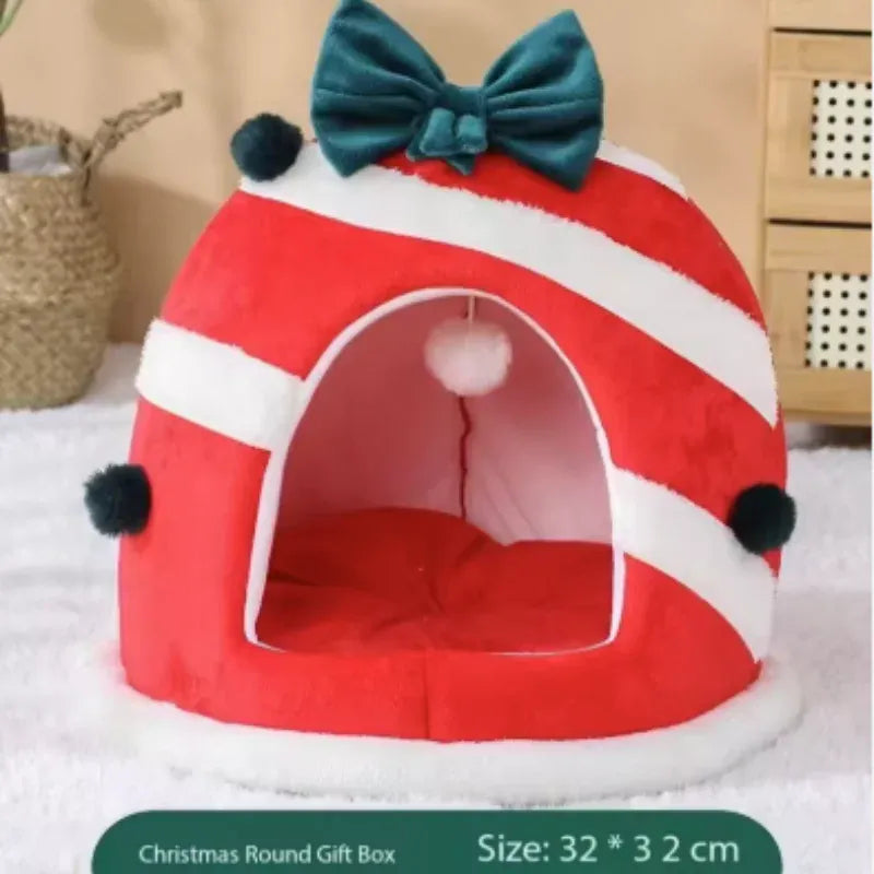 TechnuPet Cat Houses Round Christmas Box Design Warm Cat Nest Bed